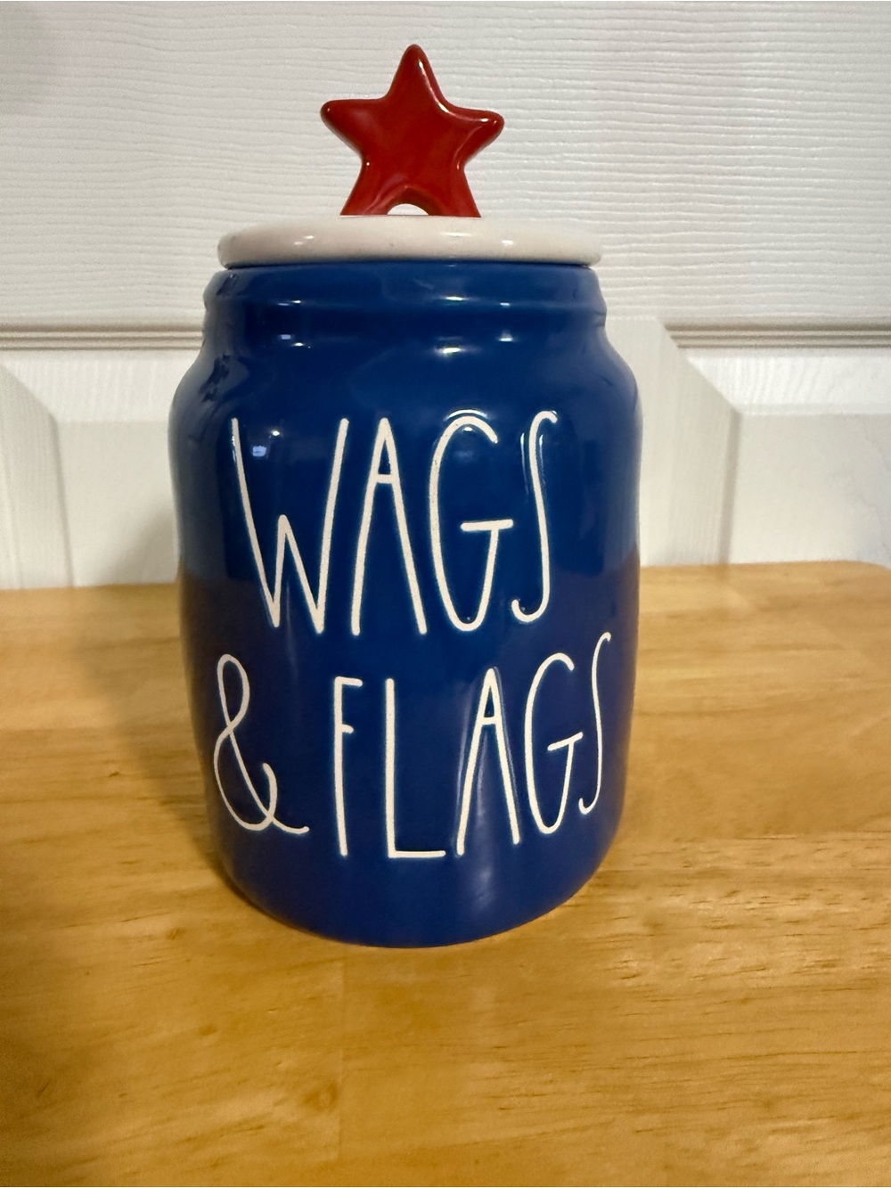 Rae Dunn Blue Ceramic Jar with White Lid and Red Star Knob Wags & Flags